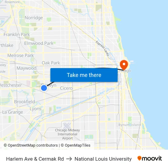 Harlem Ave & Cermak Rd to National Louis University map