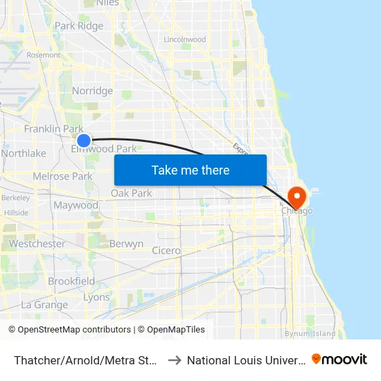 Thatcher/Arnold/Metra Station to National Louis University map