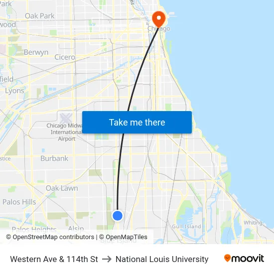 Western Ave & 114th St to National Louis University map