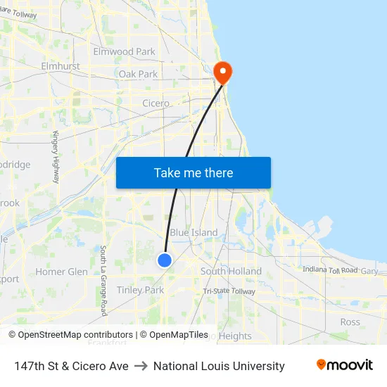 147th St & Cicero Ave to National Louis University map