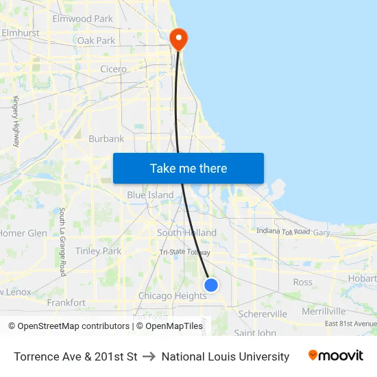 Torrence Ave & 201st St to National Louis University map