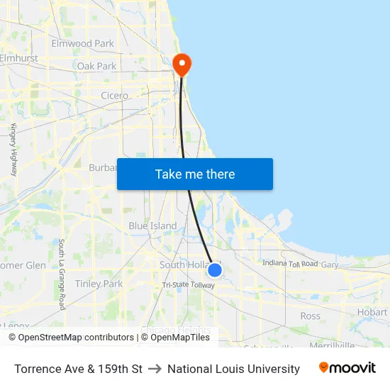 Torrence Ave & 159th St to National Louis University map