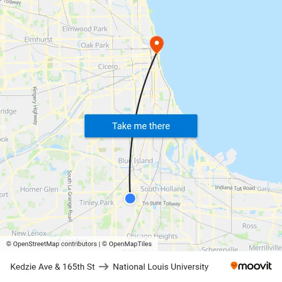 Kedzie Ave & 165th St to National Louis University map