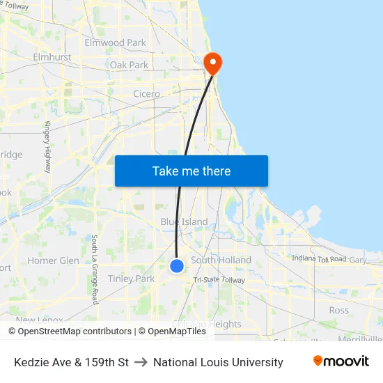 Kedzie Ave & 159th St to National Louis University map