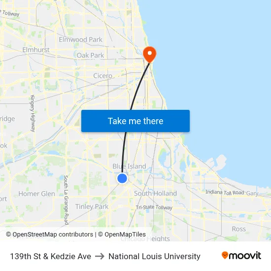 139th St & Kedzie Ave to National Louis University map