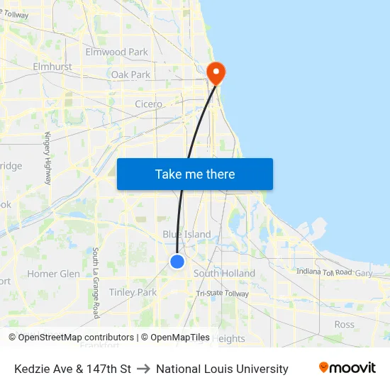 Kedzie Ave & 147th St to National Louis University map