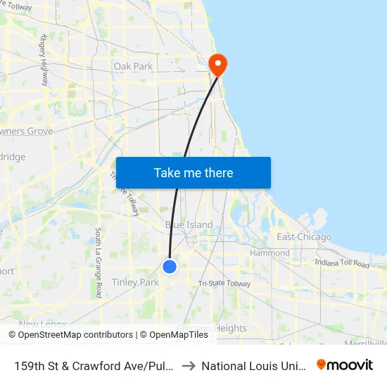 159th St & Crawford Ave/Pulaski Ave to National Louis University map