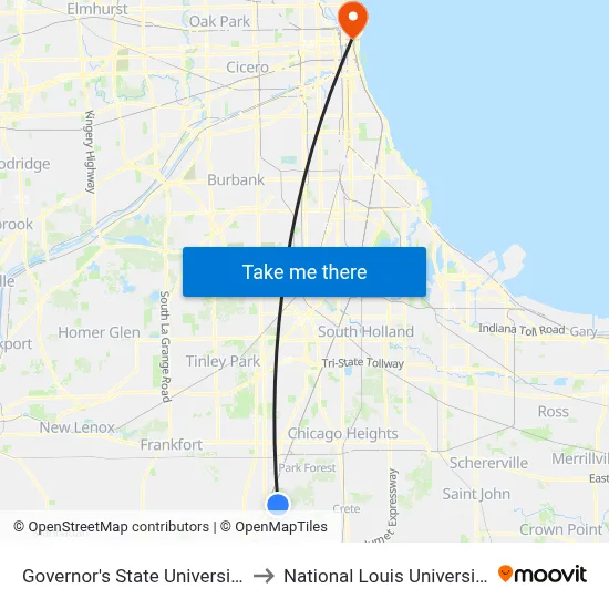 Governor's State University to National Louis University map