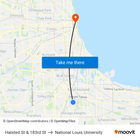 Halsted St & 183rd St to National Louis University map
