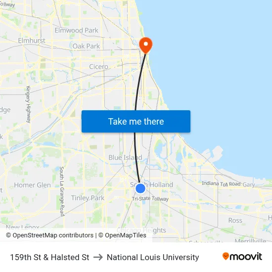 159th St & Halsted St to National Louis University map