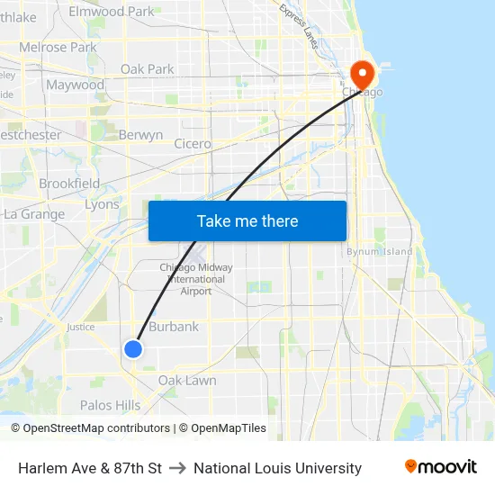 Harlem Ave & 87th St to National Louis University map