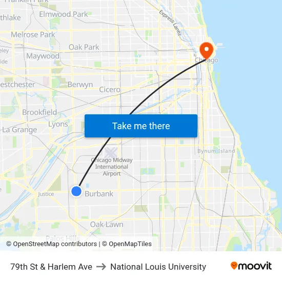 79th St & Harlem Ave to National Louis University map