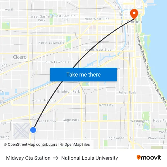 Midway Cta Station to National Louis University map