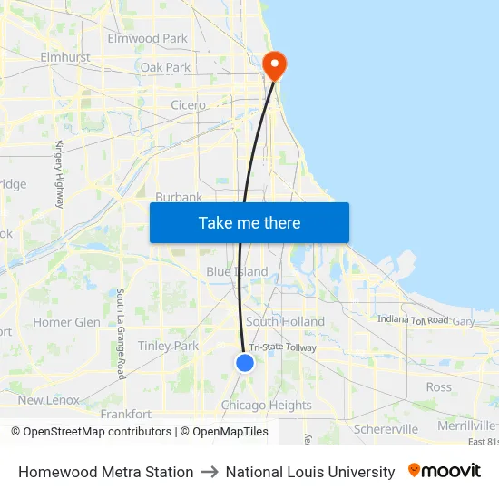 Homewood Metra Station to National Louis University map