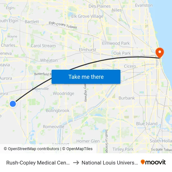 Rush-Copley Medical Center to National Louis University map