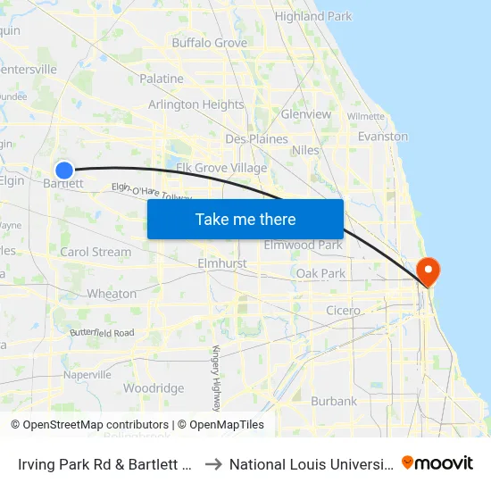 Irving Park Rd & Bartlett Rd to National Louis University map