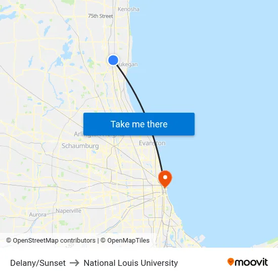 Delany/Sunset to National Louis University map