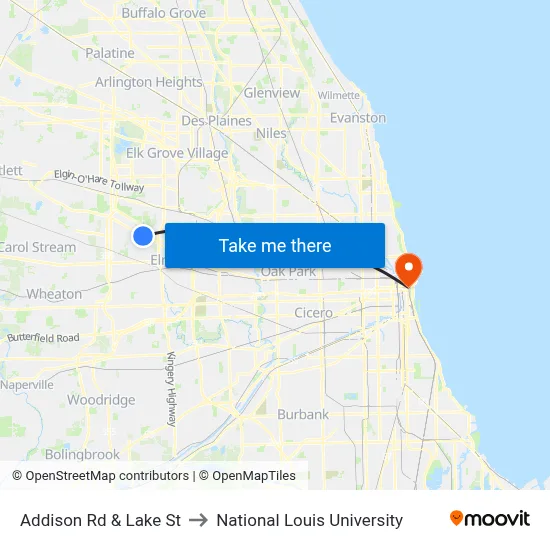 Addison Rd & Lake St to National Louis University map