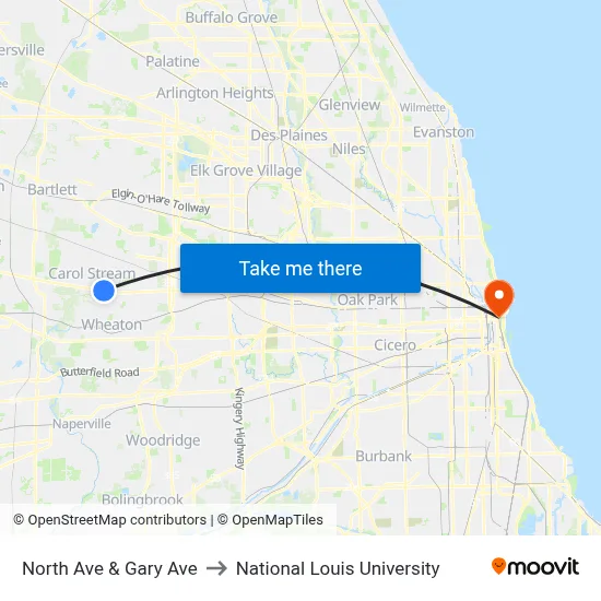 North Ave & Gary Ave to National Louis University map
