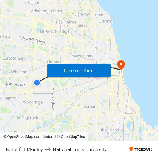 Butterfield/Finley to National Louis University map