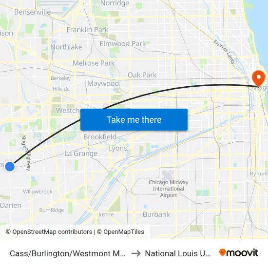 Cass/Burlington/Westmont Metra Station to National Louis University map