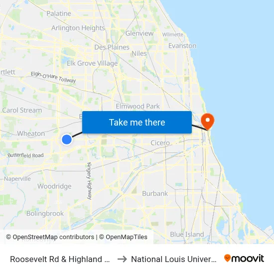 Roosevelt Rd & Highland Ave to National Louis University map