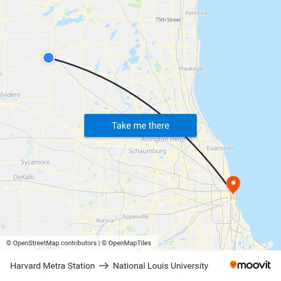 Harvard Metra Station to National Louis University map