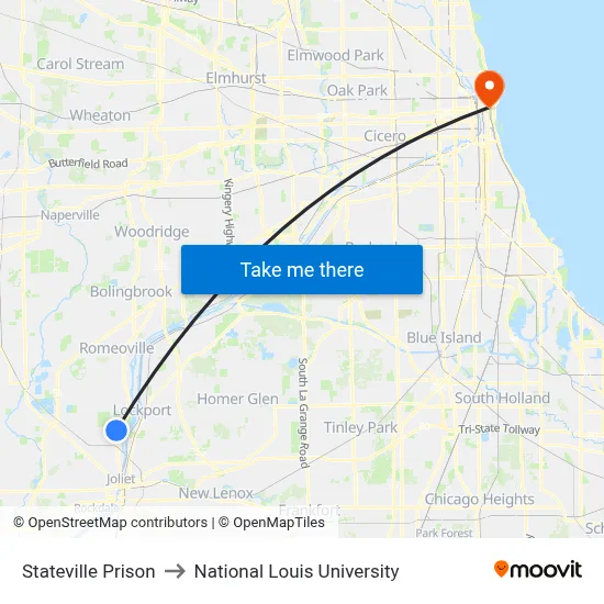 Stateville Prison to National Louis University map