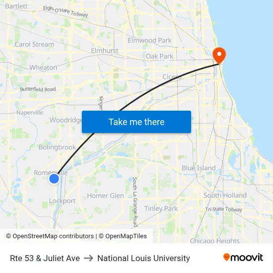 Rte 53 & Juliet Ave to National Louis University map