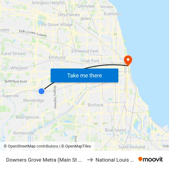 Downers Grove Metra (Main St & Burlington Ave) to National Louis University map