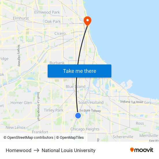 Homewood to National Louis University map