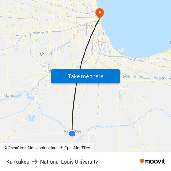 Kankakee to National Louis University map