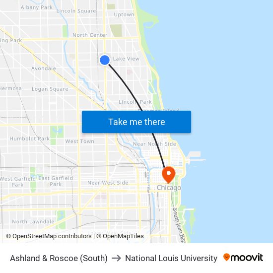 Ashland & Roscoe (South) to National Louis University map