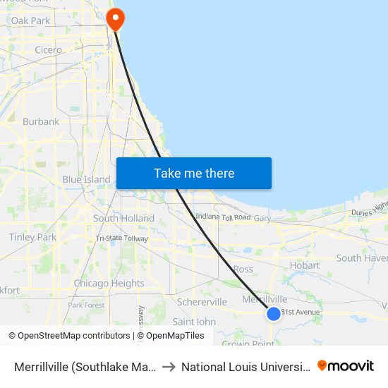 Merrillville (Southlake Mall) to National Louis University map