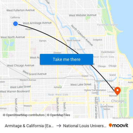 Armitage & California (East) to National Louis University map