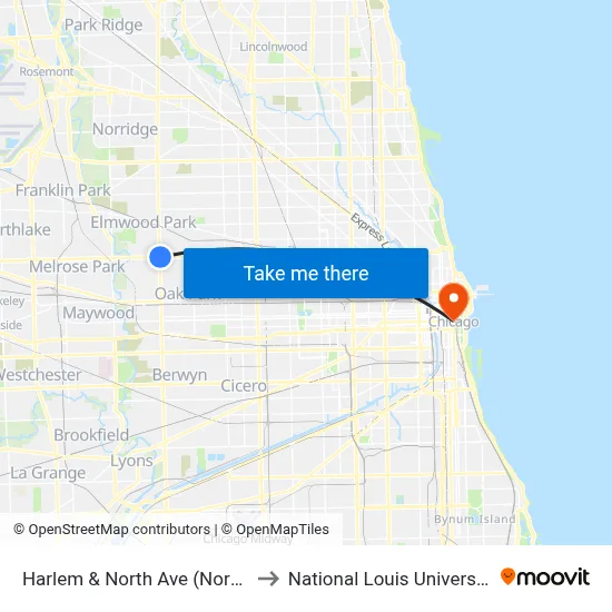 Harlem & North Ave (North) to National Louis University map