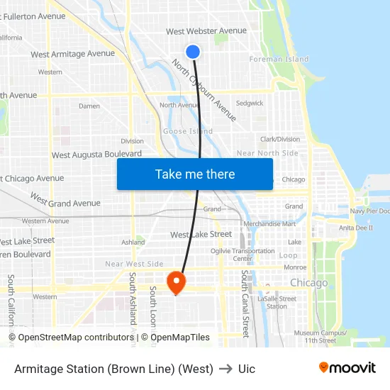 Armitage Station (Brown Line) (West) to Uic map
