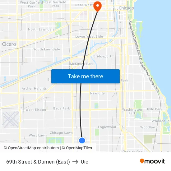 69th Street & Damen (East) to Uic map