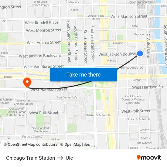 Chicago Train Station to Uic map