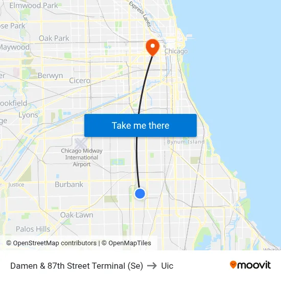 Damen & 87th Street Terminal (Se) to Uic map