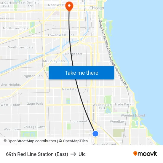 69th Red Line Station (East) to Uic map
