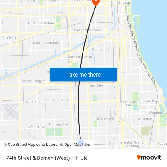 74th Street & Damen (West) to Uic map