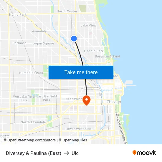 Diversey & Paulina (East) to Uic map