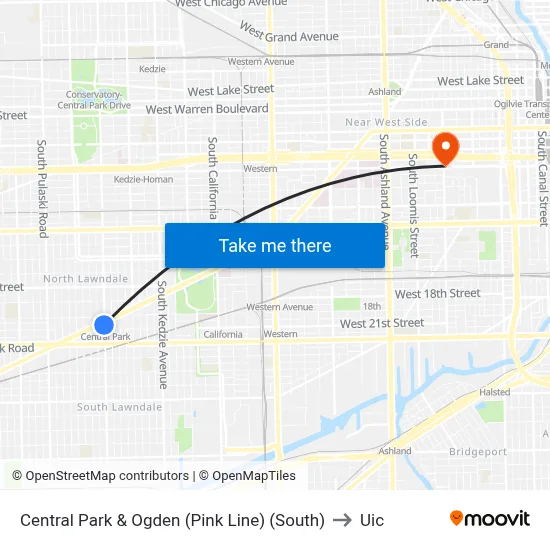 Central Park & Ogden (Pink Line) (South) to Uic map