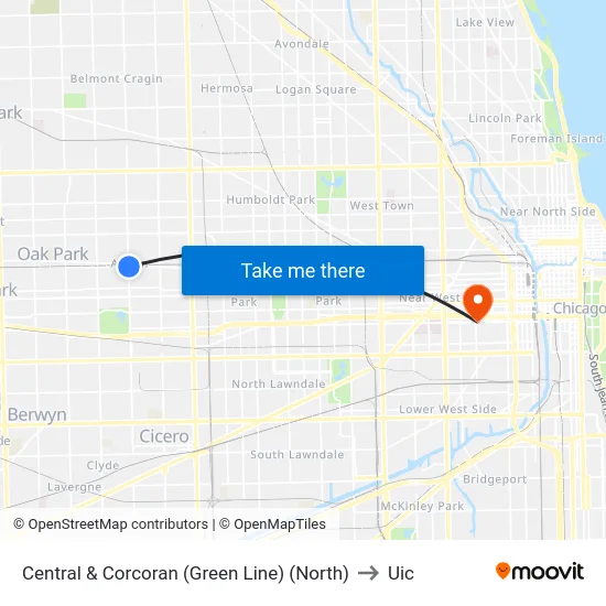 Central & Corcoran (Green Line) (North) to Uic map