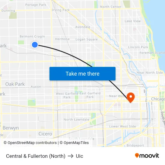 Central & Fullerton (North) to Uic map