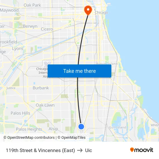 119th Street & Vincennes (East) to Uic map