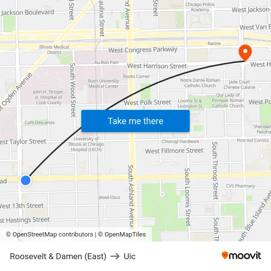 Roosevelt & Damen (East) to Uic map