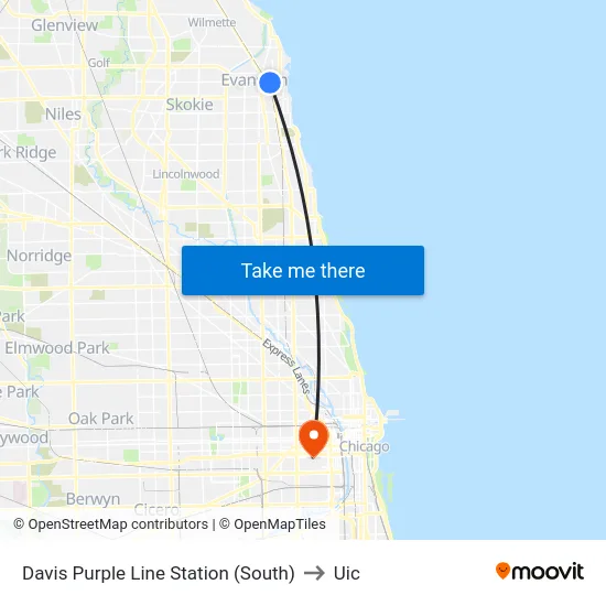 Davis Purple Line Station (South) to Uic map