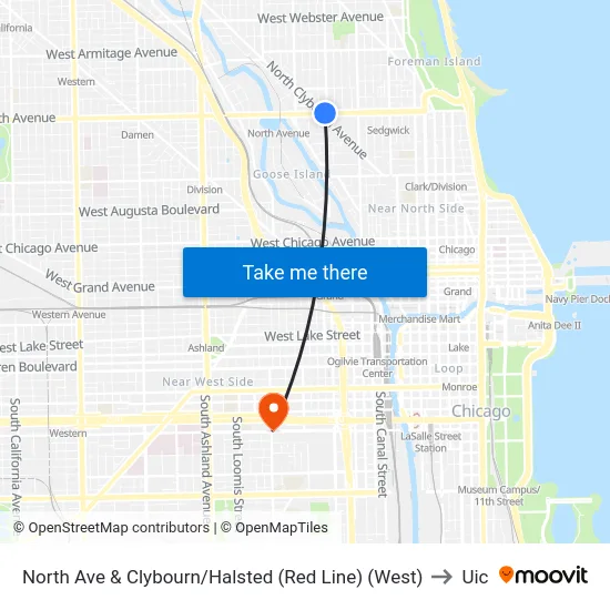 North Ave & Clybourn/Halsted (Red Line) (West) to Uic map